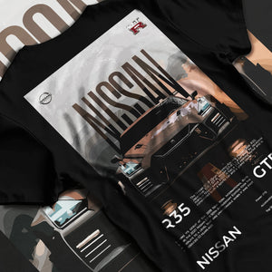 Black T-shirt laid flat with natural fabric folds, featuring Nissan GT-R R35 gt r r35 turbo racing street legend graphic.