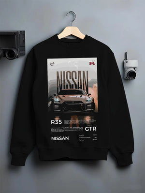 Black crewneck sweatshirt on a hanger against a grey wall, featuring Nissan GT-R R35 gt r r35 turbo racing street legend graphic.