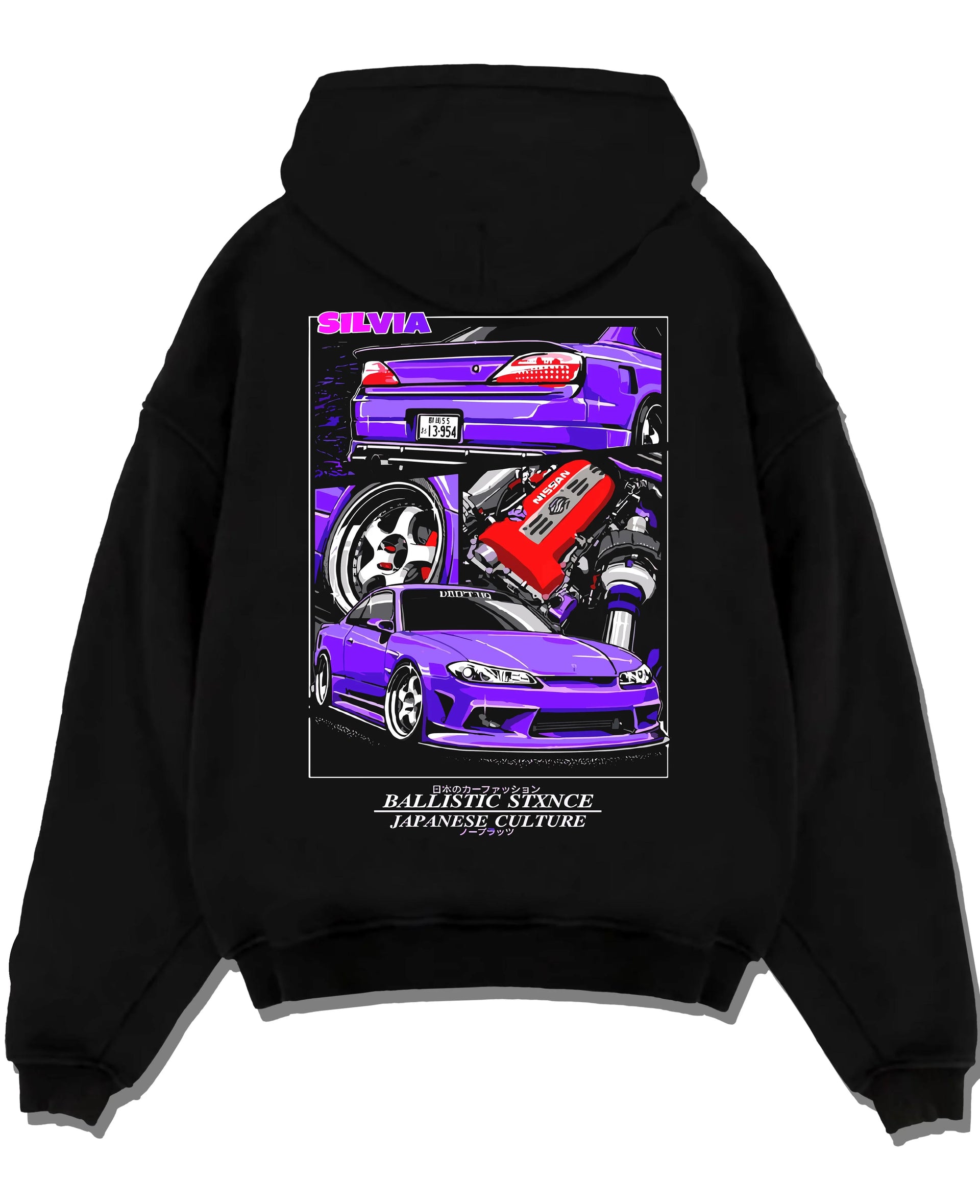 Black pullover hoodie laid flat on a white background, featuring Nissan 180SX racing drift jdm japanese tuning street graphic.