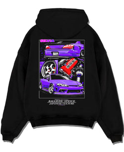 Black pullover hoodie laid flat on a white background, featuring Nissan 180SX racing drift jdm japanese tuning street graphic.