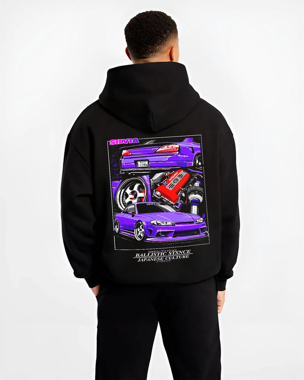 Black hoodie worn by a male model, back view, featuring Nissan 180SX racing drift jdm japanese tuning street graphic.