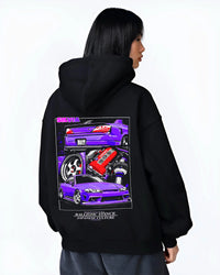 Black hoodie worn by a female model, back view, featuring Nissan 180SX racing drift jdm japanese tuning street graphic.