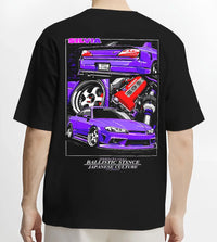 Black T-shirt worn by a male model, back view, featuring Nissan 180SX racing drift jdm japanese tuning street graphic.