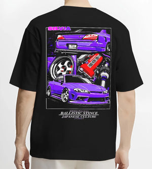 Black T-shirt worn by a male model, back view, featuring Nissan 180SX racing drift jdm japanese tuning street graphic.