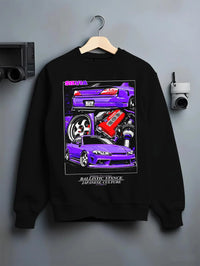 Black crewneck sweatshirt on a hanger against a grey wall, featuring Nissan 180SX racing drift jdm japanese tuning street graphic.