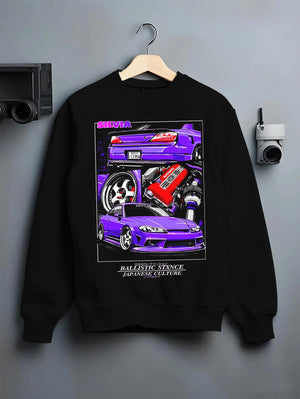 Black crewneck sweatshirt on a hanger against a grey wall, featuring Nissan 180SX racing drift jdm japanese tuning street graphic.