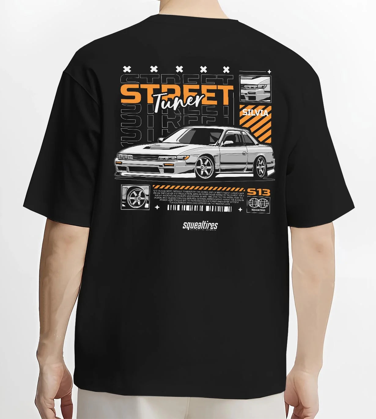 Black T-shirt worn by a male model, back view, featuring Nissan Silvia S15 silvia turbo turbocharged racing drift jdm graphic.