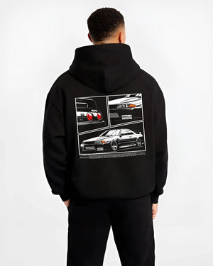 Black hoodie worn by a male model, back view, featuring Nissan Silvia S15 silvia turbo drift jdm japanese stance graphic.