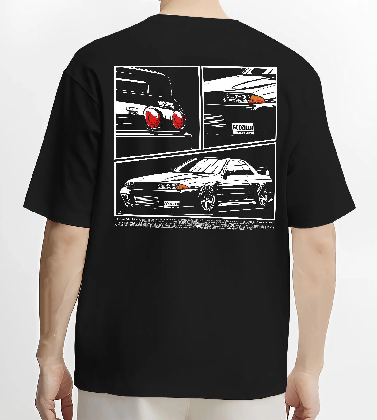 Black T-shirt worn by a male model, back view, featuring Nissan Silvia S15 silvia turbo drift jdm japanese stance graphic.