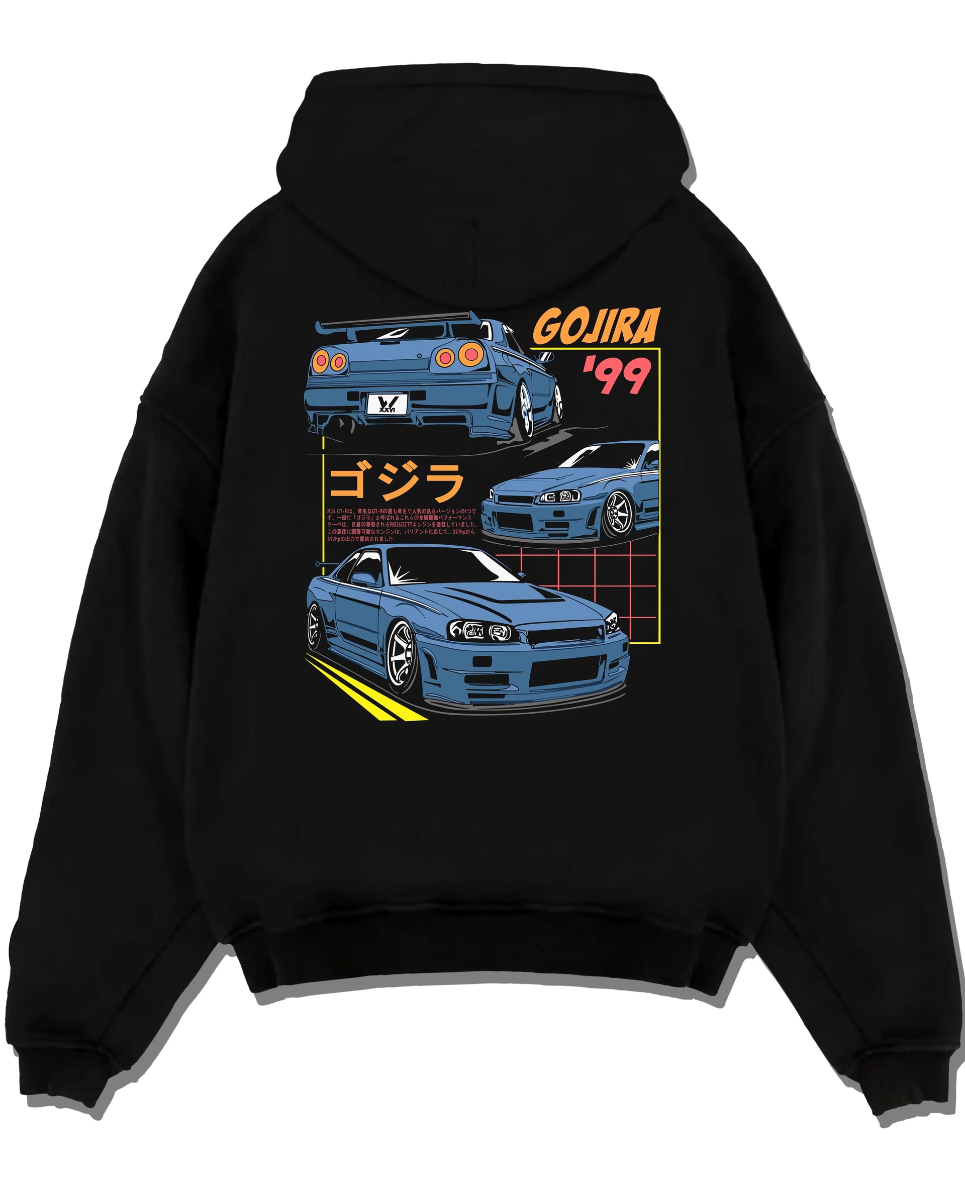 Black pullover hoodie laid flat on a white background, featuring Nissan Silvia S13 silvia turbo racing drift jdm japanese graphic.