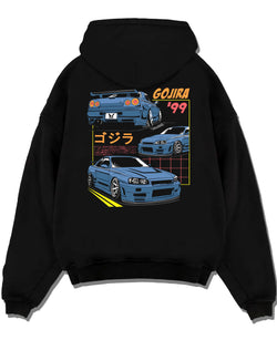 Black pullover hoodie laid flat on a white background, featuring Nissan Silvia S13 silvia turbo racing drift jdm japanese graphic.