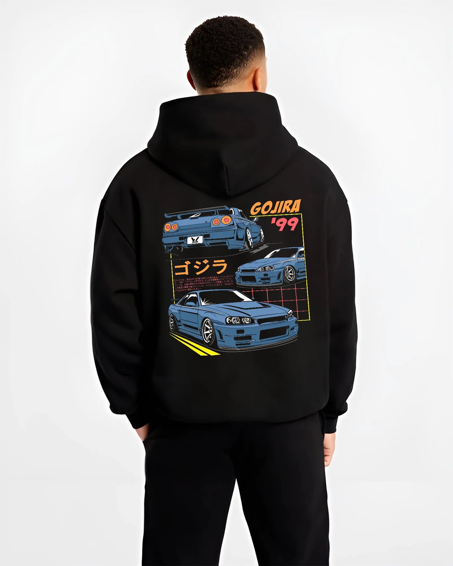 Black hoodie worn by a male model, back view, featuring Nissan Silvia S13 silvia turbo racing drift jdm japanese tuner graphic.