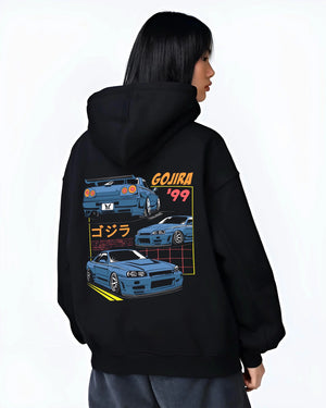 Black hoodie worn by a female model, back view, featuring Nissan Silvia S13 silvia turbo racing drift jdm japanese tuner graphic.