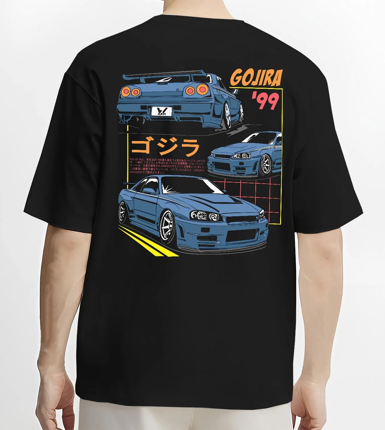 Black T-shirt worn by a male model, back view, featuring Nissan Silvia S13 silvia turbo racing drift jdm japanese tuner graphic.