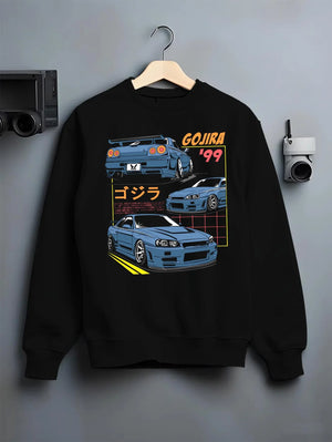 Black crewneck sweatshirt on a hanger against a grey wall, featuring Nissan Silvia S13 silvia turbo racing drift jdm graphic.