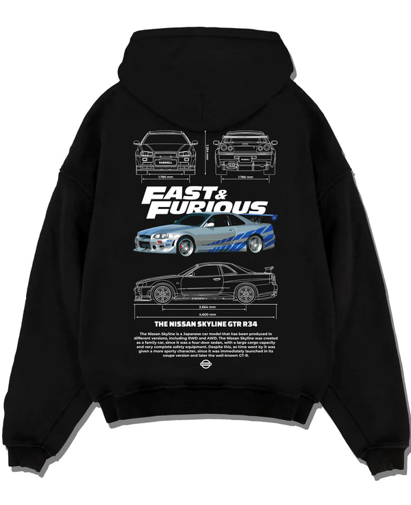 Black pullover hoodie laid flat on a white background, featuring Nissan Skyline R32 r32 skyline turbo racing drift jdm graphic.