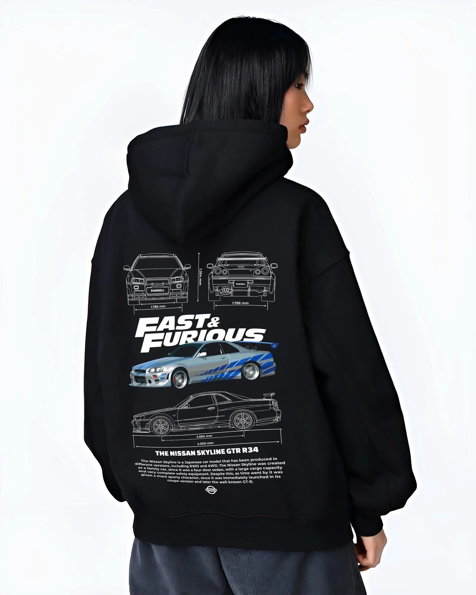Black hoodie worn by a female model, back view, featuring Nissan Skyline R32 r32 skyline turbo racing drift jdm japanese graphic.