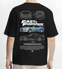 Black T-shirt worn by a male model, back view, featuring Nissan Skyline R32 r32 skyline turbo racing drift jdm japanese graphic.
