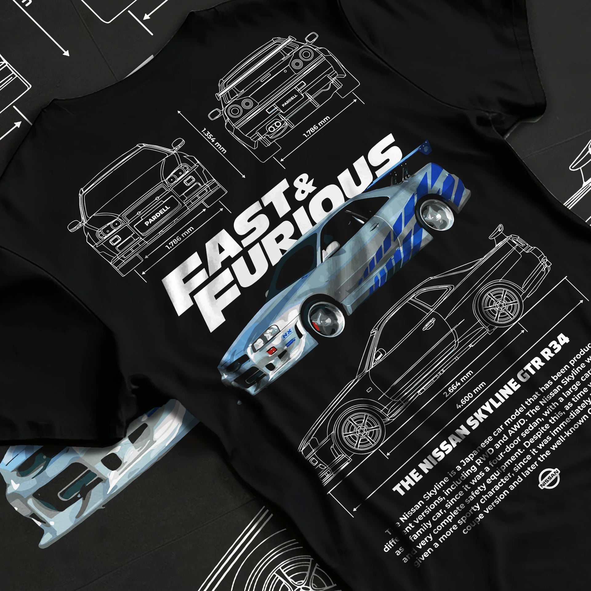 Black T-shirt laid flat with natural fabric folds, featuring Nissan Skyline R32 r32 skyline turbo racing drift jdm japanese graphic.