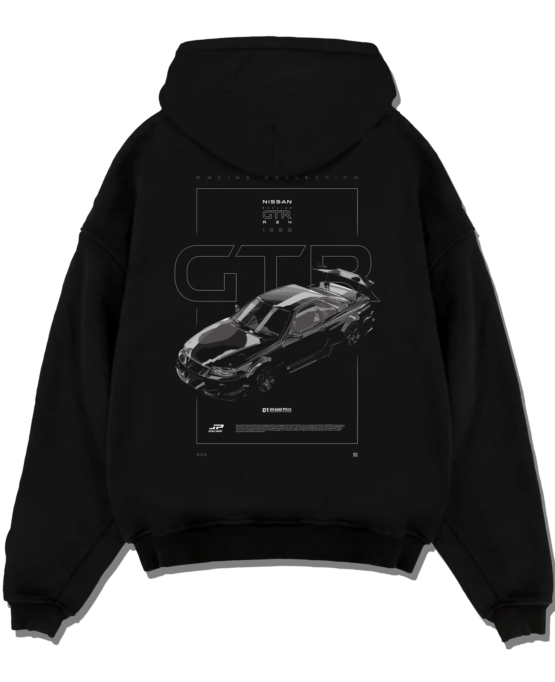 Black pullover hoodie laid flat on a white background, featuring Nissan 300ZX turbo turbocharged drift jdm japanese tuner graphic.