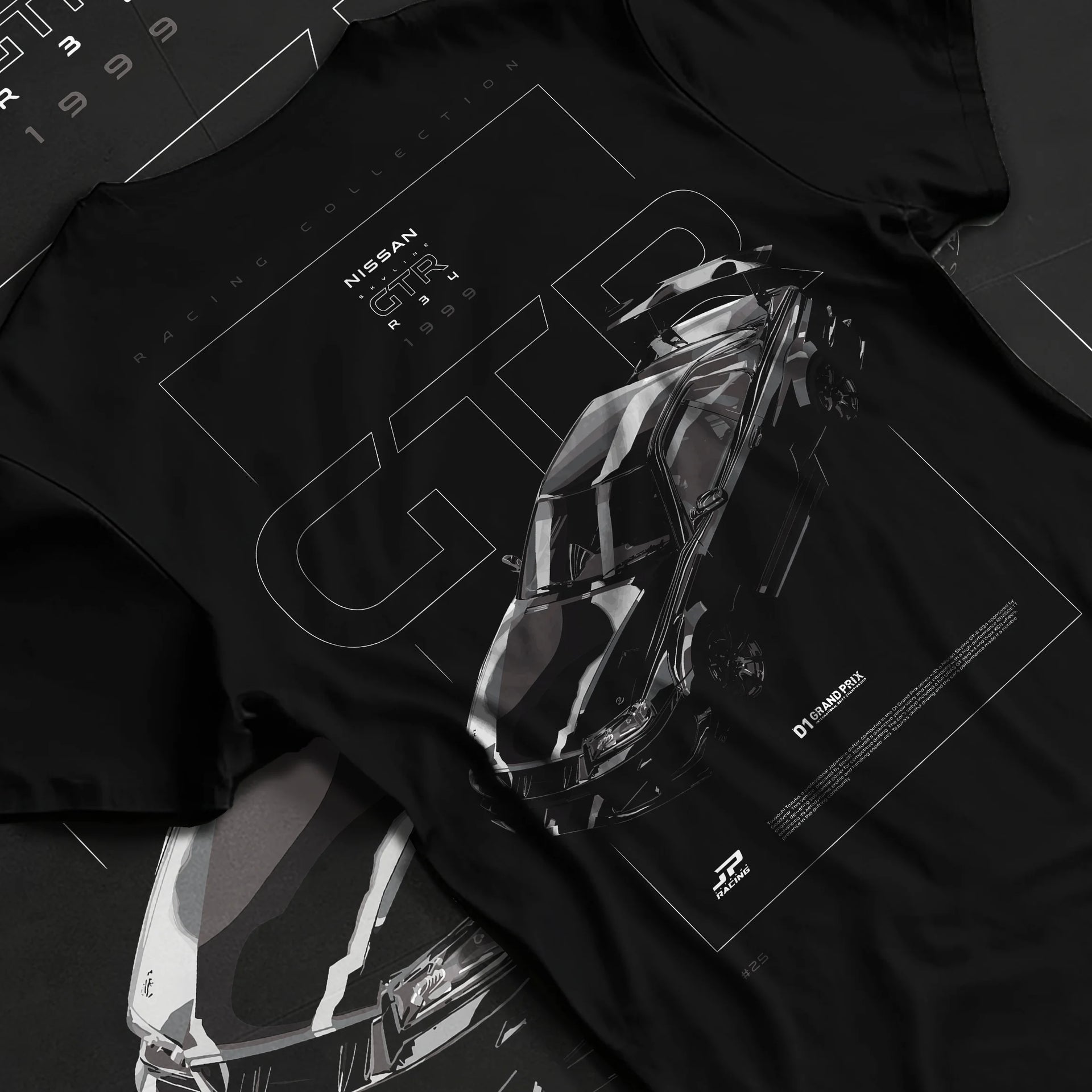 Black T-shirt laid flat with natural fabric folds, featuring Nissan 300ZX turbo turbocharged drift jdm japanese tuner graphic.