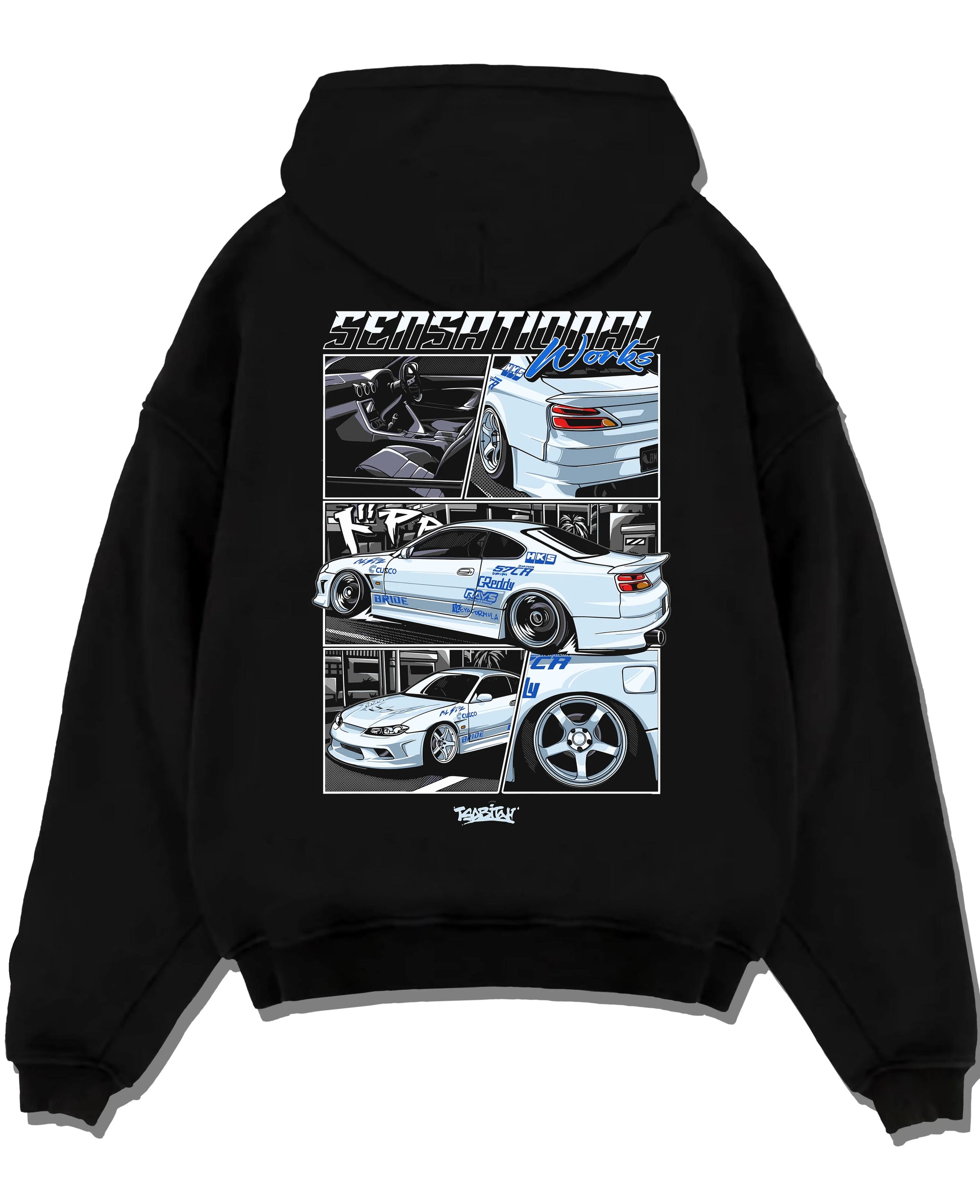 Black pullover hoodie laid flat on a white background, featuring Nissan Silvia S15 silvia turbo drift jdm street legend graphic.