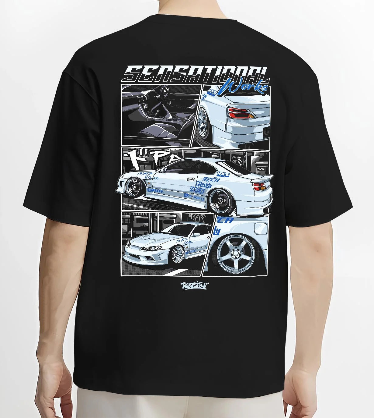 Black T-shirt worn by a male model, back view, featuring Nissan Silvia S15 silvia turbo drift jdm street legend graphic.