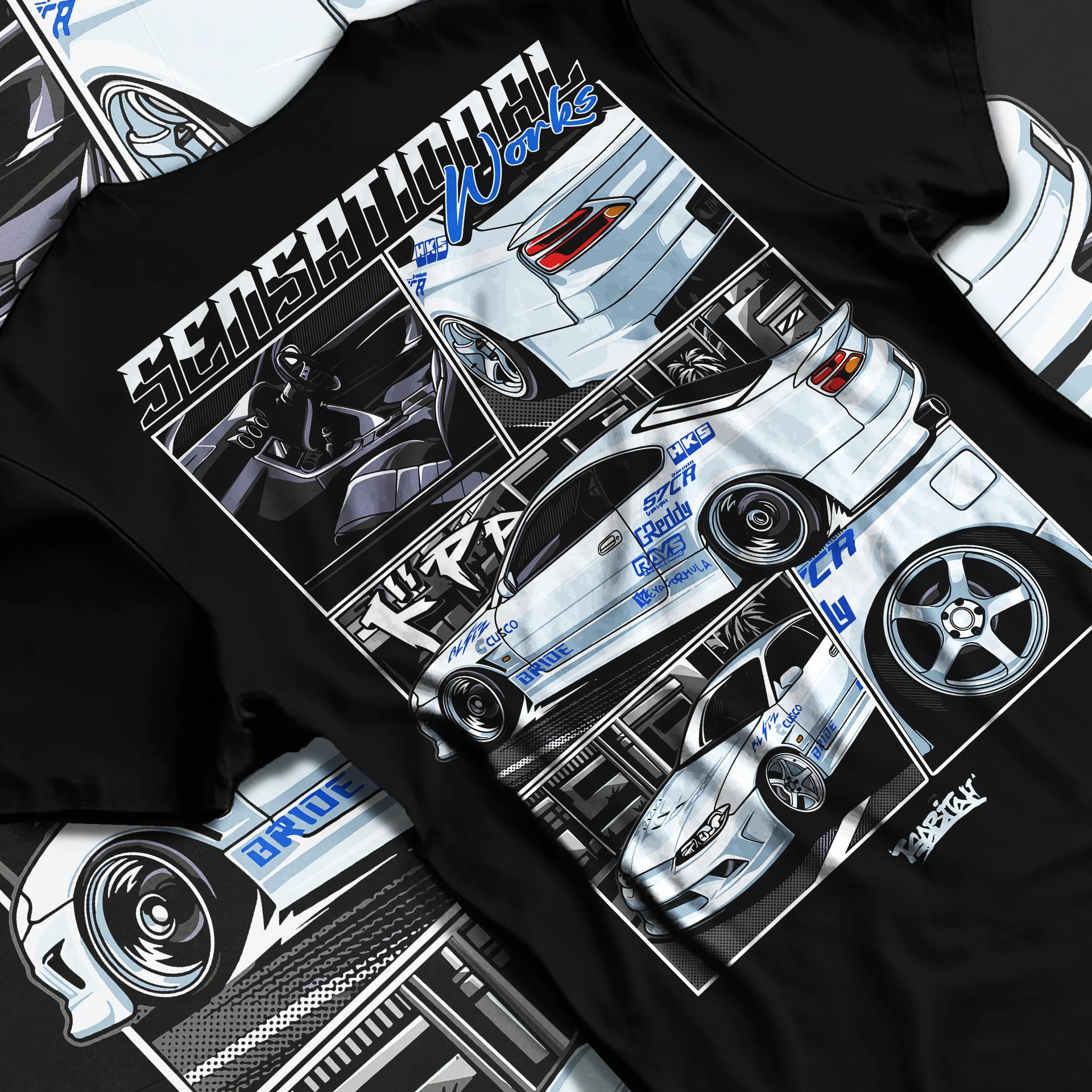 Black T-shirt laid flat with natural fabric folds, featuring Nissan Silvia S15 silvia turbo drift jdm street legend graphic.