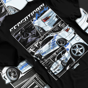 Black T-shirt laid flat with natural fabric folds, featuring Nissan Silvia S15 silvia turbo drift jdm street legend graphic.