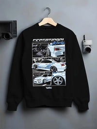Black crewneck sweatshirt on a hanger against a grey wall, featuring Nissan Silvia S15 silvia turbo drift jdm street legend graphic.
