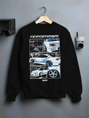 Black crewneck sweatshirt on a hanger against a grey wall, featuring Nissan Silvia S15 silvia turbo drift jdm street legend graphic.