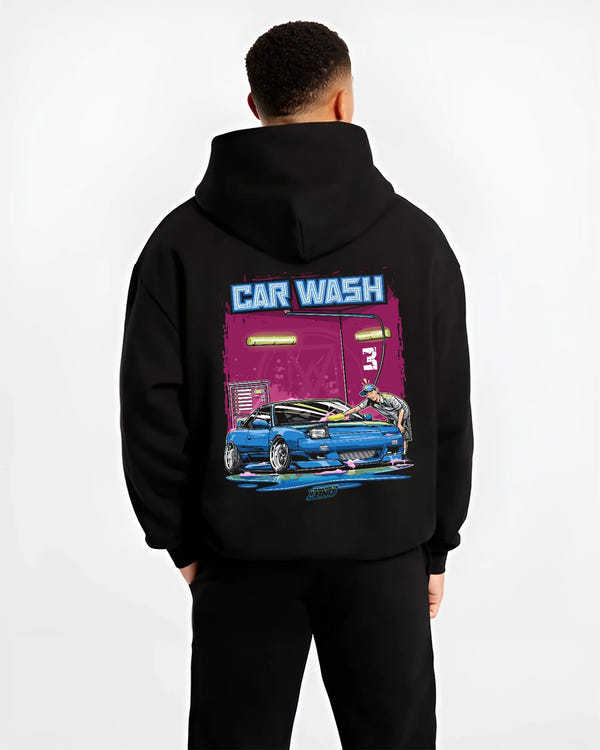 Black hoodie worn by a male model, back view, featuring Nissan Silvia S15 silvia turbo drift jdm street legend graphic nis68.