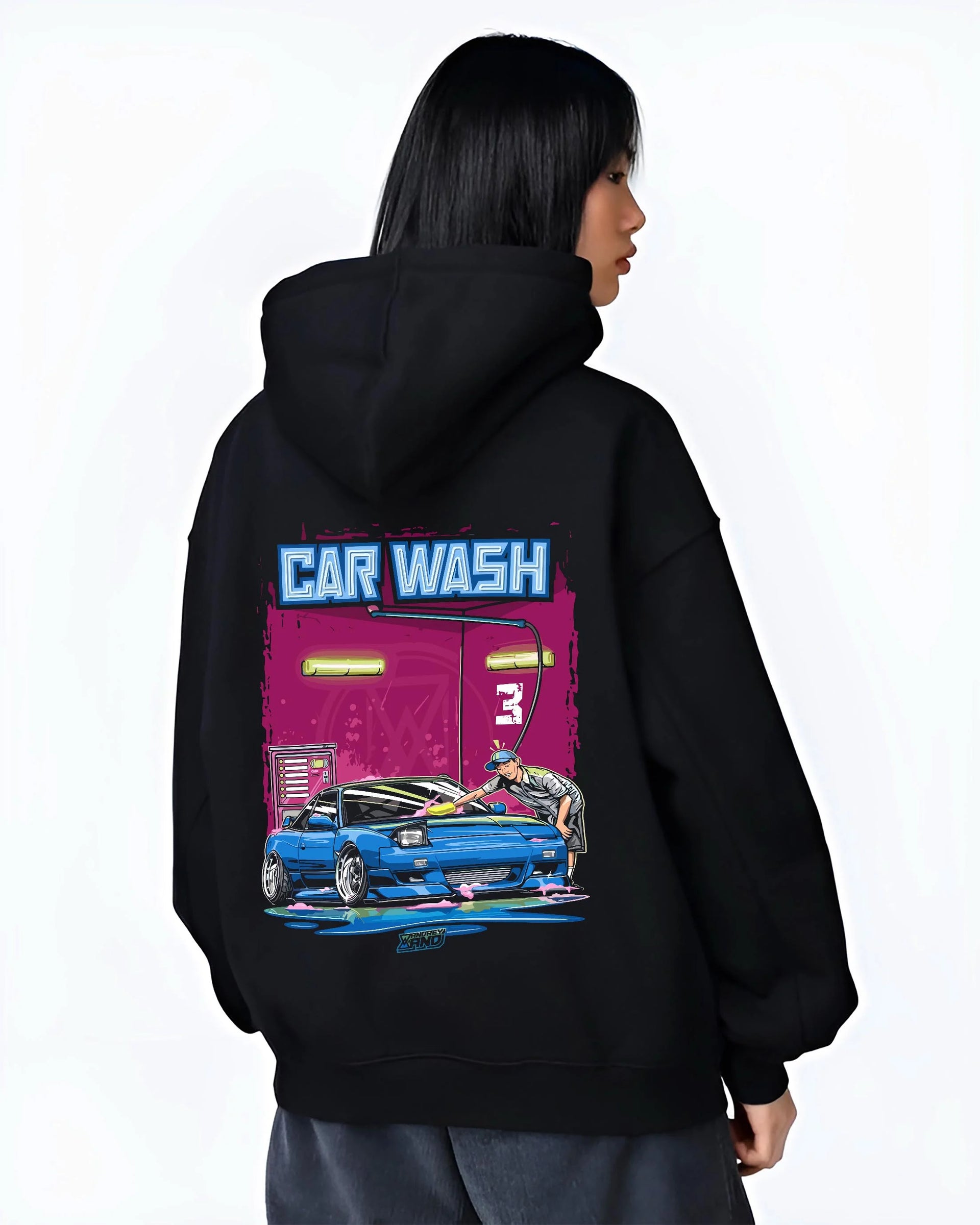 Black hoodie worn by a female model, back view, featuring Nissan Silvia S15 silvia turbo drift jdm street legend nis68.