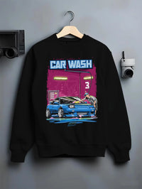 Black crewneck sweatshirt on a hanger against a grey wall, featuring Nissan Silvia S15 silvia turbo drift jdm street legend nis68.