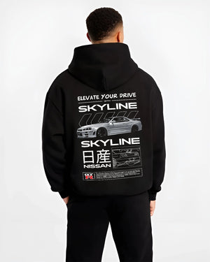 Black hoodie worn by a male model, back view, featuring Nissan PATROL turbo turbocharged tuner street classic racing graphic.
