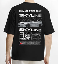 Black T-shirt worn by a male model, back view, featuring Nissan PATROL turbo turbocharged tuner street classic racing graphic.