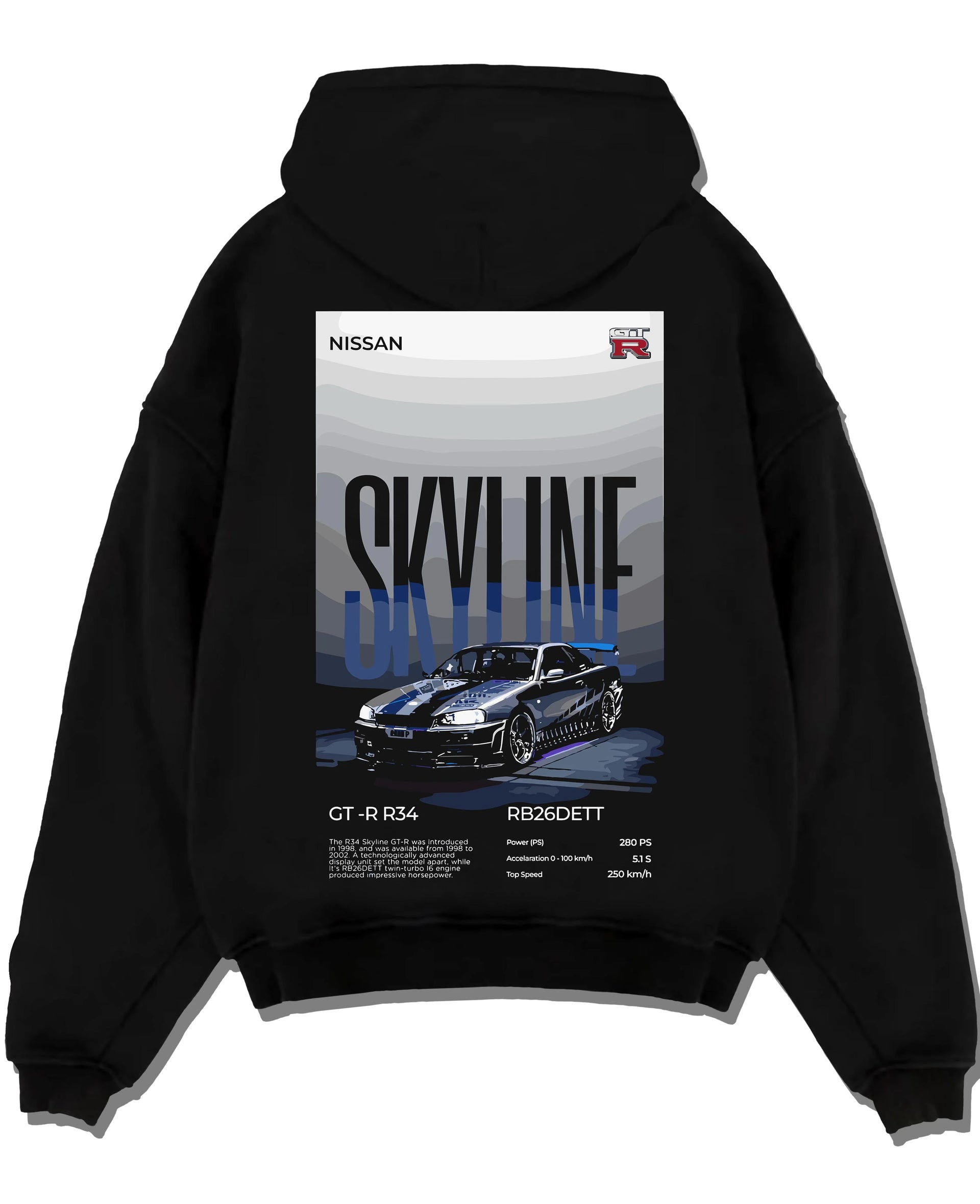 Black pullover hoodie laid flat on a white background, featuring Nissan Skyline R34 gt r r34 skyline rb26 jdm legend graphic.