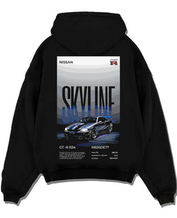 Black pullover hoodie laid flat on a white background, featuring Nissan Skyline R34 gt r r34 skyline rb26 jdm legend graphic.