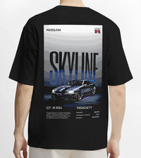 Black T-shirt worn by a male model, back view, featuring Nissan Skyline R34 gt r r34 skyline rb26 jdm legend graphic.