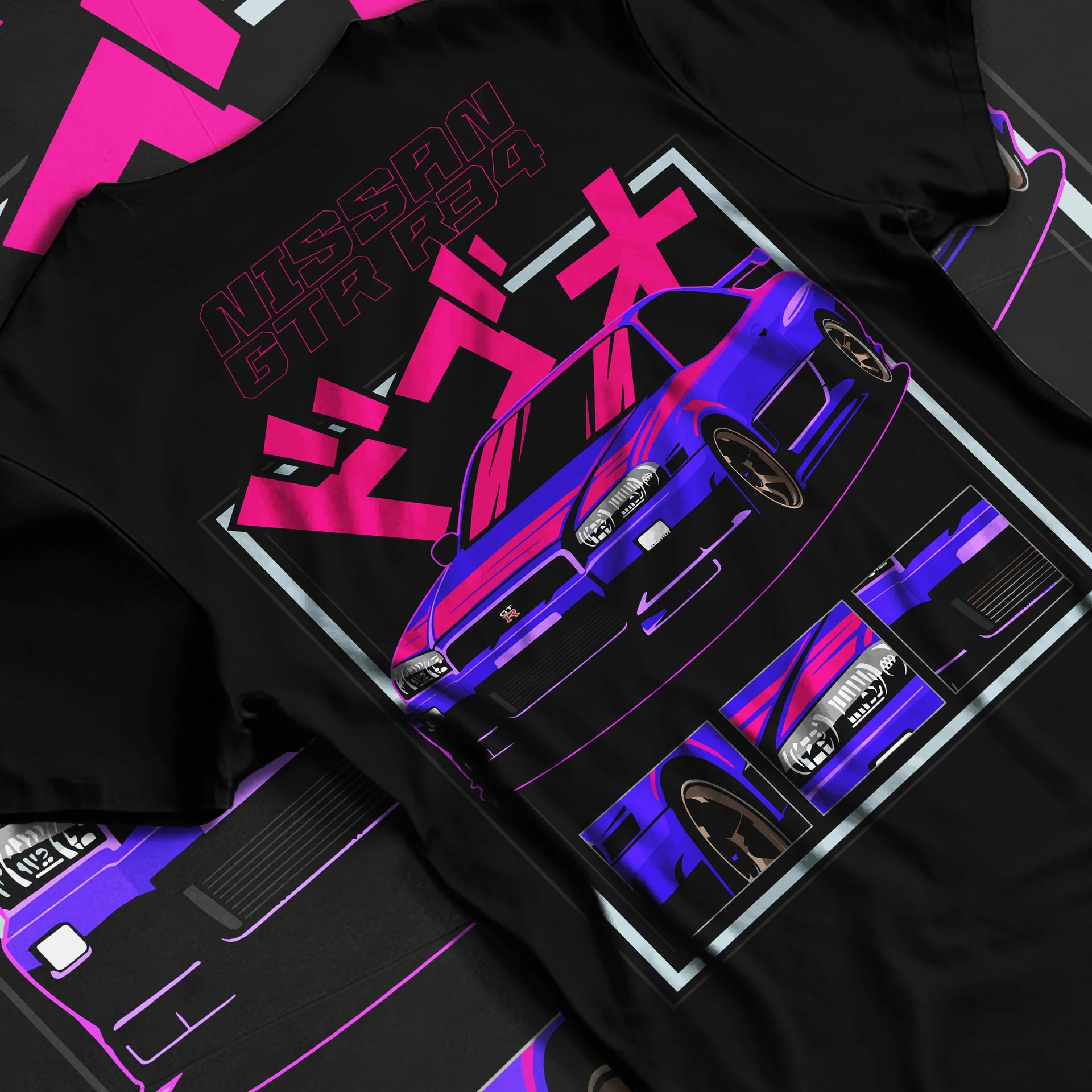 Black T-shirt laid flat with natural fabric folds, featuring Nissan Skyline turbo racing drift jdm japanese tuner stance graphic.