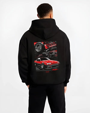 Black hoodie worn by a male model, back view, featuring Nissan Silvia turbo turbocharged racing drift jdm japanese stance graphic.