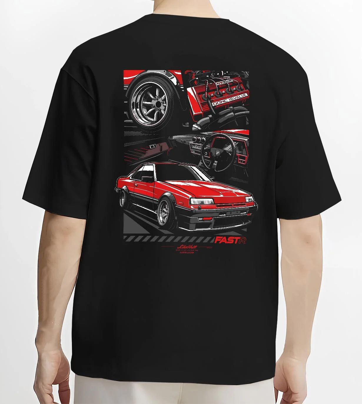 Black T-shirt worn by a male model, back view, featuring Nissan Silvia turbo turbocharged racing drift jdm japanese stance graphic.