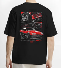 Black T-shirt worn by a male model, back view, featuring Nissan Silvia turbo turbocharged racing drift jdm japanese stance graphic.