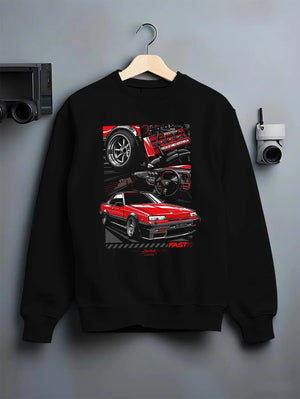 Black crewneck sweatshirt on a hanger against a grey wall, featuring Nissan Silvia turbo turbocharged racing drift jdm graphic.