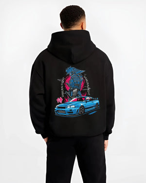 Black hoodie worn by a male model, back view, featuring Nissan Skyline R34 gt r r34 skyline drift jdm japanese street graphic.