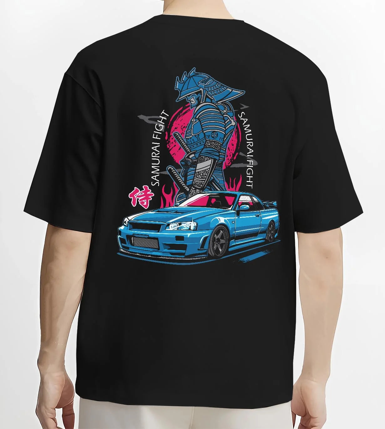 Black T-shirt worn by a male model, back view, featuring Nissan Skyline R34 gt r r34 skyline drift jdm japanese street graphic.