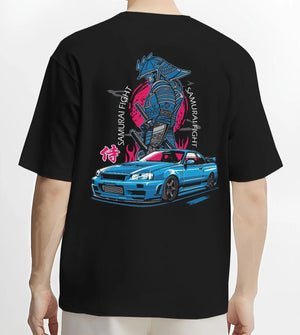 Black T-shirt worn by a male model, back view, featuring Nissan Skyline R34 gt r r34 skyline drift jdm japanese street graphic.