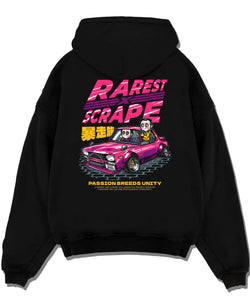 Black pullover hoodie laid flat on a white background, featuring Nissan 350Z turbo turbocharged racing drift jdm japanese nis77.