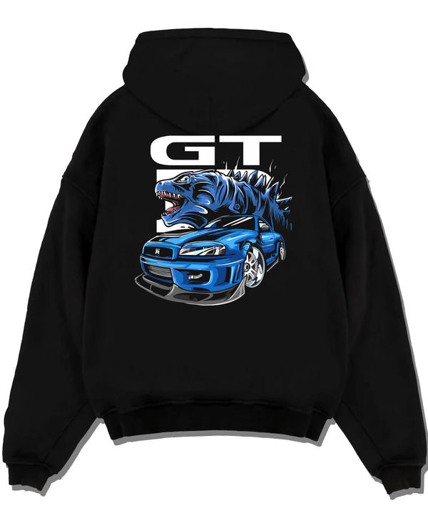 Black pullover hoodie laid flat on a white background, featuring Nissan GT-R R34 gt r r34 skyline turbo drift jdm japanese graphic.
