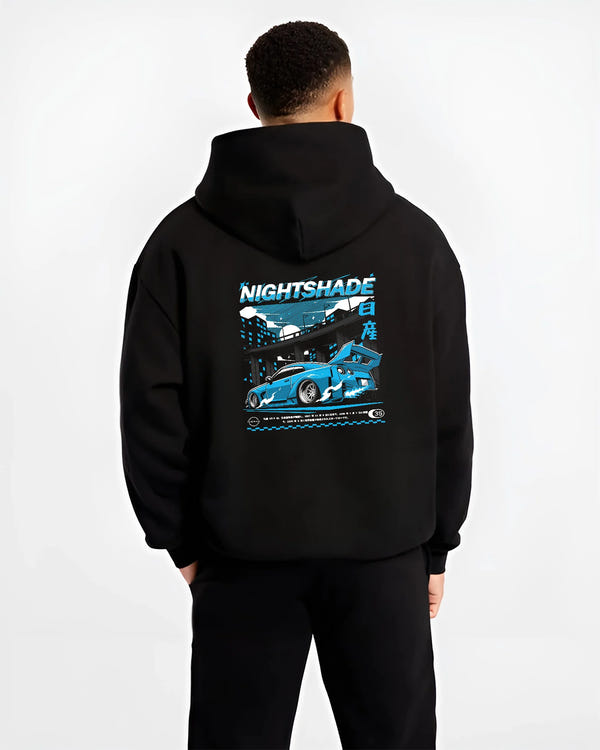 Black hoodie worn by a male model, back view, featuring Nissan GT-R R35 gt r r35 skyline racing drift jdm japanese tokyo graphic.